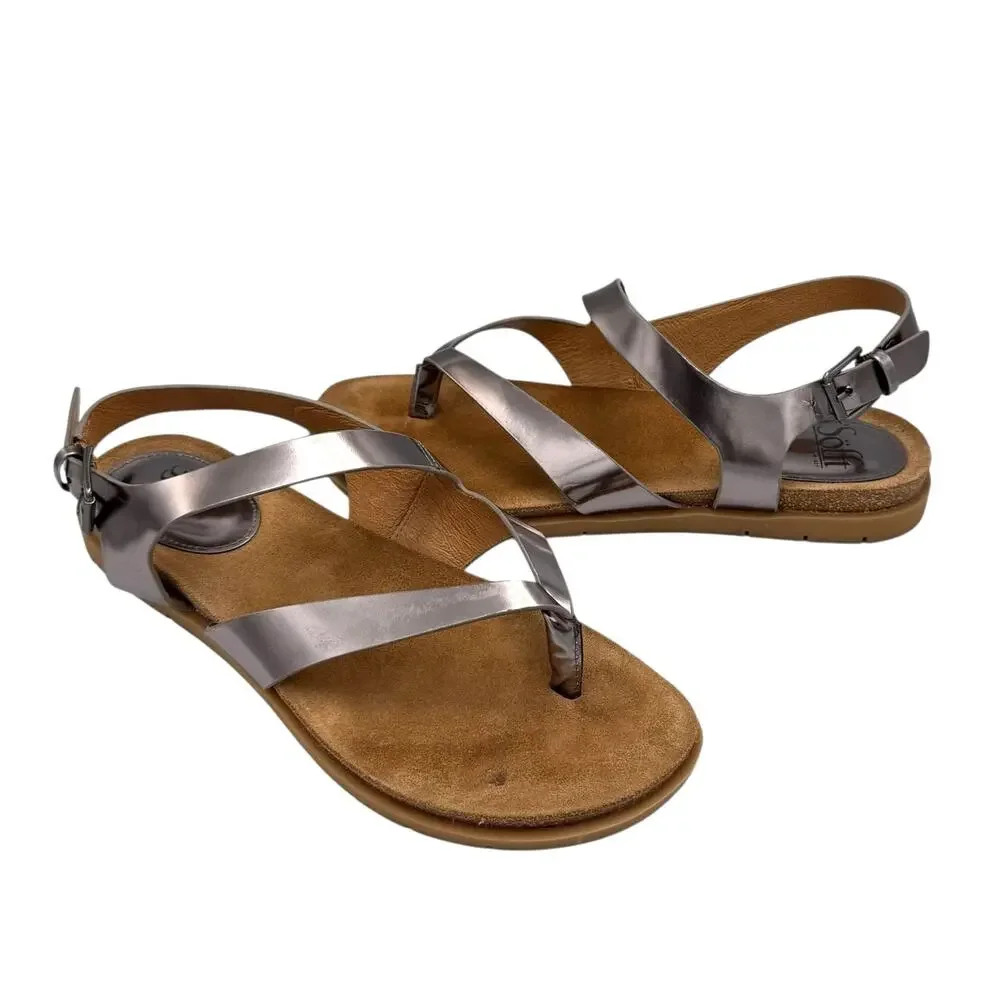 Sofft Rory Pewter Patent Leather Strappy Heel Buckle Thong Comfort Sandals